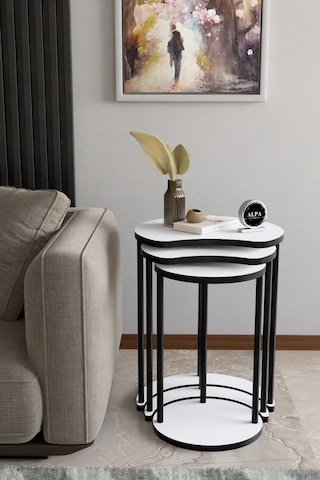 Modern Elma 3 Lü Zigon Sehpa Metal Ayaklı İç İçe Geçmeli Orta Sehpa Takımı Beyaz