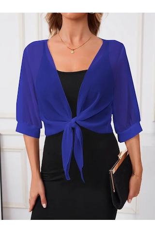 Veraura Lifestyle Kadın Truvakar Kol Önden Bağlamalı Kısa Şifon Bolero Ceket Mavi