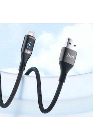 Juo 12W Dijital Led Ekranlı Usb-a To Lightning Apple Uyumlu iPhone iPad Örgülü Hızlı Şarj ve Data Kablosu 2M