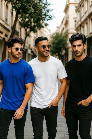 Rich Erkek 3'lü Paket Siyah-kırmızı-mavi Pamuklu Oversize Tişört Bisiklet Yaka Kısa Kollu T-shirt Mavi