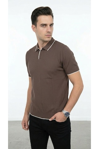 Plus Scorpion Erkek Pike Dokulu Triko Polo Yaka Tişört Slim Fit Şerit Detaylı Yazlık Model Kahverengi
