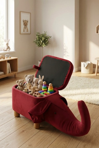 Lumis Garden Fil Figürlü Çocuk Odası Oyuncak Sandığı & Oturma Pufu Kapaklı, Saklama Alanlı 86 x 32 x 36 CM Bordo