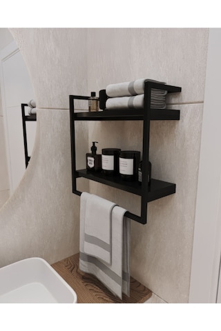 Aju Havluluk 2 Katlı Duvara Monte Raf Aksesuarlık Şal Askılığı Banyo Mutfak Düzenleyiciii Siyah
