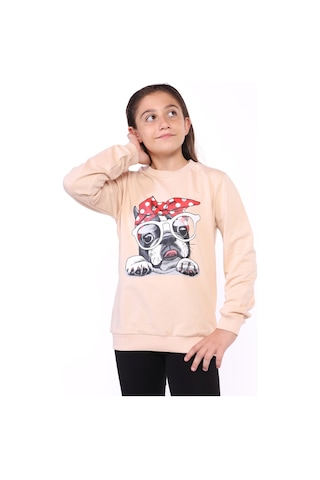 Toontoy Kız Çocuk Köpek Figür Baskılı Sweatshirt Bej