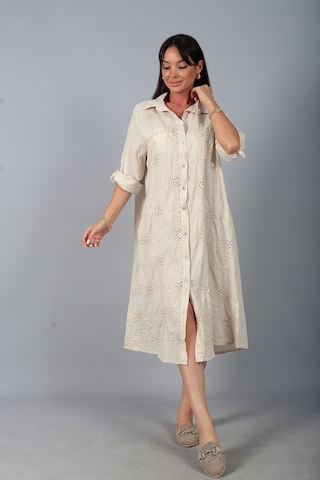 By Saygı Kadın İtalyan Cotton Cepli Kabartma Nakışlı Pullu Oversize Uzun Elbise Bej