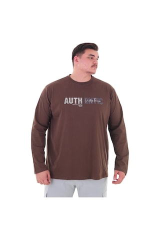 Erkek 115-155 Kilo Arası İçin Uygun Uzun Kol Bisiklet Yaka Mevsimlik Baskılı İnce Sweatshirt Kahverengi