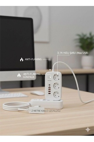 2500w Çoklu Priz 2 Metre 3 Lü Ac Priz +5 Usb Çıkışı Akım Korumalı Alev Almayan Gövde,