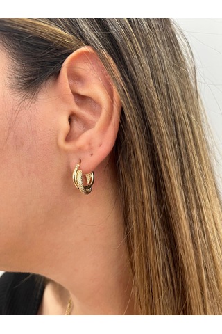 Altın Nesil - 14 Ayar Altın Kumlu Çift Halka Yuvarlak Küpe Altın - Beyaz Altın