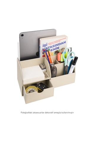 Masaüstü Düzenleyici,kalemlik,kumandalık,küpbloknotluk,tabletlik,kitaplık,6 Gözlü,çekmeceli,desktop Organizer,vegan,24,5 13 12 Bej