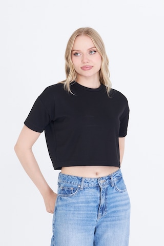 Thiff Gymwear Kadın Beyaz Baskısız Yuvarlak Yaka Crop Tişört T-shirt SIYAH