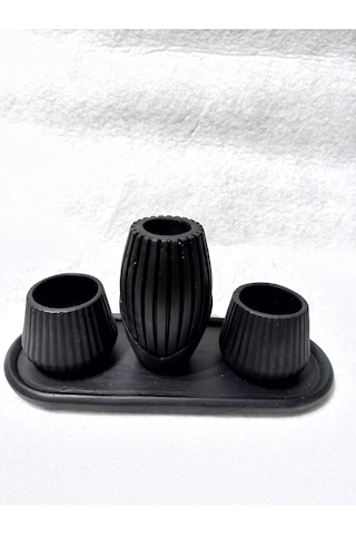 İskandinav Vazolu Tabaklı Tealight Mumluk Set Siyah Siyah