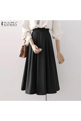 Zanzea Yaz Kadın Yüksek Bel Pileli Düz Renk Bol A Kesim Etek Kahverengi