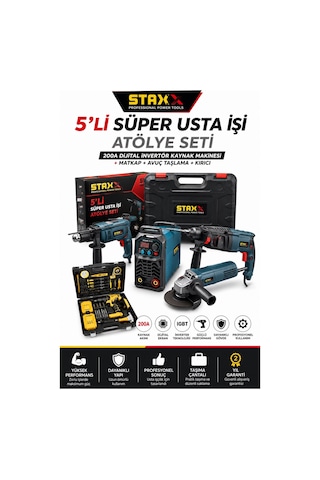 Staxx Atl5set 5'li Atölye Paketi Kaynak Makinesi Kırıcı Avuç Taşlama Darbeli Matkap Akülü Matkap