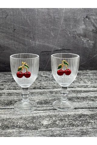 2 Li Kristal Cam Kahve Yanı Su Bardağı Kiraz Bardak Kirazlı 75ml