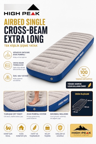 High Peak Airbed Single Cross-beam Extra Long Ayak Pompalı Tek Kişilik Şişme Yatak 195x75x20 Cm Beyaz - Mavi
