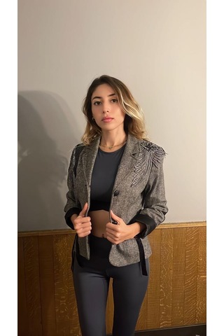 Gri Püskülü Cuber Kumaş Özel Tasarım Ceket Gri