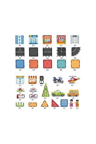 Kzl Kids Home Fun City Şehir Temalı Araçlı Manyetik Yapı Blokları Seti 7.5 Cm 50 Parça 188m503