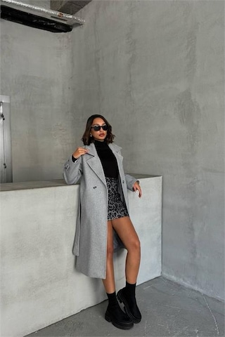 Neşeli Butik Kadın Astarlı Gri Melanj İthal Kaşe Kaban Nbg048 Gri Melanj