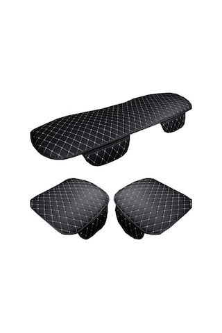 Oto Koltuk Koruyucu Cepli Üçlü Deri Minder Seti Siyah Deri Beyaz Nakışlı Ön Arka Araç Koltuk Minderi