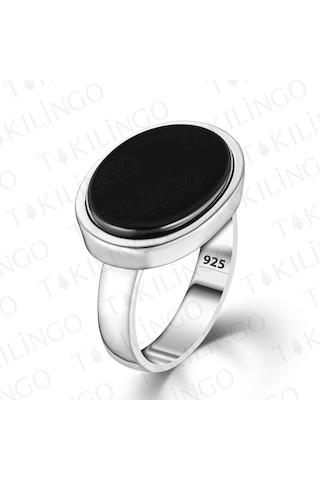 Takılingo 925 Ayar Gümüş Oval Siyah Oniks Taşlı Kadın Yüzük Gümüş