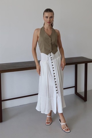 Neşeli Butik Kadın Bel Lastikli Düğmeli Etek Nbnp010 Beyaz