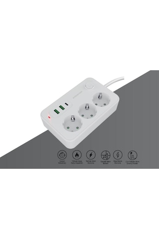 Polosmart Mp15, Akım Korumalı Uzatma Kablosu, 3'lü Priz, 2 Metre Kablo, 2 Usb+1 Type-c 2