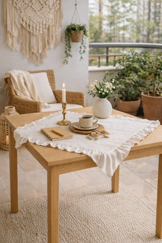 Fırfırlı Keten 80x80 Fiskos Runner Bohem Masa Örtüsü
