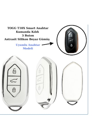 Togg T10x Uyumlu Anahtar Koruma Kılıf Beyaz / Gümüş Detaylı