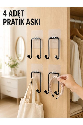 Mey İthalat 4 Adet Yapışkanlı Duvar Askısı Çok Amaçlı Pratik Askılık Seti Çok Renkli