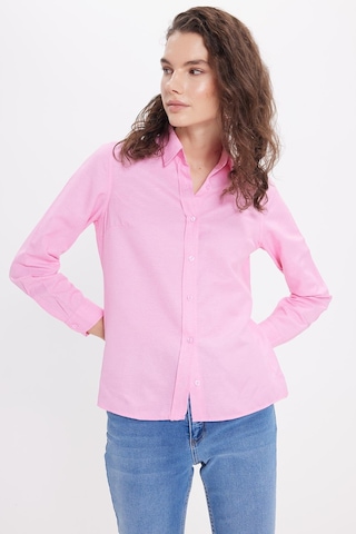 Tudors Kadın Slim Fit Dar Kesim Uzun Kollu Pamuklu Vücuda Oturan Dokulu Pembe Basic Gömlek-38815 Pembe