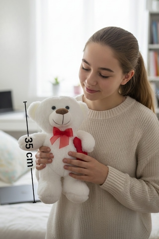 Kırmızı Kurdeleli Ve Kalpli Yumuşacık Sevimli Beyaz Ayıcık 35 Cm Uyku Arkadaşı Çok Renkli