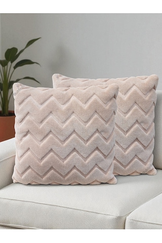 İskandinav Stil Peluş Yumuşak Dokulu Dekoratif Kırlent Kılıfı 2 Li Set 43x43 Cm Vizon Zigzag