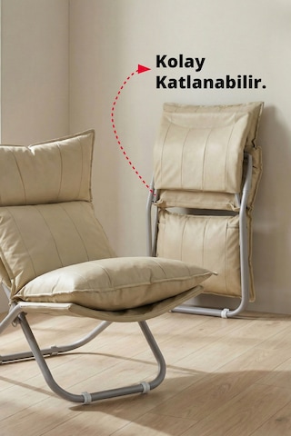 Lumis Garden Prestij Katlanabilir Deri Lounge Koltuğu Çıkarılabilir Kılıf, Modern Metal İskelet Bej