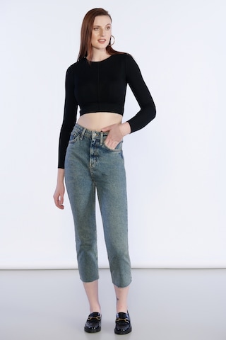 Kirli Mavi Yüksek Bel Paça Püskül Detaylı Mom Jeans-kirli Mavi