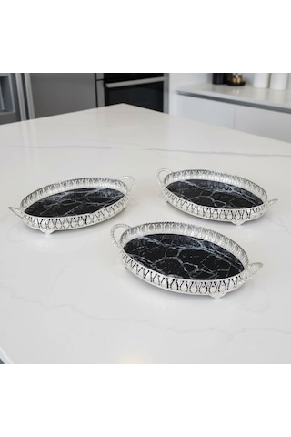 3 Adet Gümüş Renk Mermer Desen Metal Çerçeveli Cam Tepsi - 28x19 Cm Gümüş
