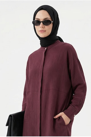 Armine Trend Doğal Kumaş Gizli Düğmeli Hakim Yaka Rahat Kesim 120 Cm Boy Tunik Vişne 26yt416