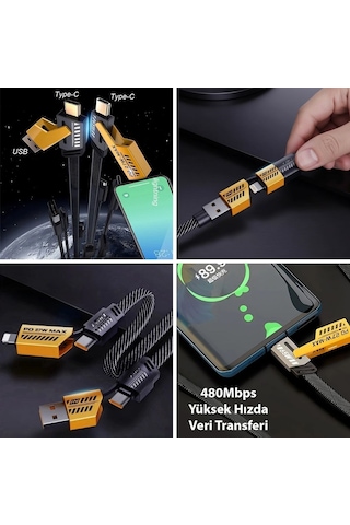 4in1 65w Hızlı Şarj Kablosu Type-c To Usb-a + Type-c To Lightning, 27w Pd Destekli Çoklu Şarj Kablo 4801