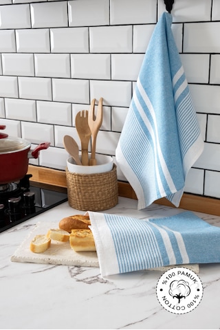 45x65, 2'li Kurulama Bezi, %100 Pamuk Yüksek Su Emici Mavi