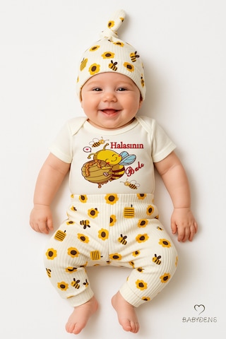 Babyden's 3 Lü Yenidoğan Takım Halasının Balı Baskılı Kısa Kol Body Arı Çiçek Desenli Pantolon Bere Ekru