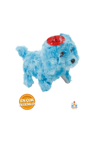 Sevimli Şapkalı Havlayan Yürüyen Pilli Peluş Oyuncak Köpek Gözleri Işıklı Peluş Hareket Eden Köpek Mavi