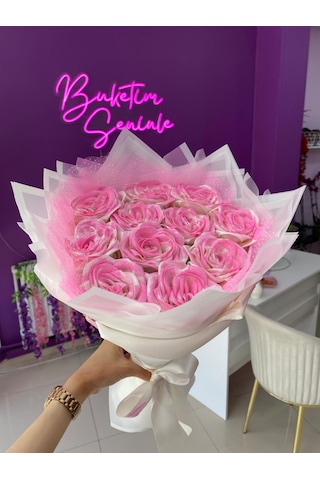 11'li Pembe Simli Solmayan Saten Gül Buketi, Sevgiliye Hediye Açık Pembe