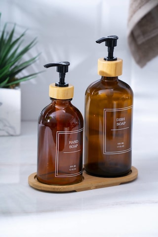 Louvre Bambu Standlı 2'li Sıvı Sabunluk - 500/300 Ml Kahverengi