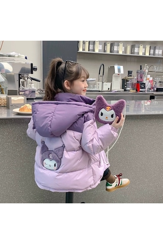 Snapbuy Kız Çocuk Kışlık Mont Kuromi Desenli Şık Ve Rahat Pamuklu Dolgulu Ceket Mor