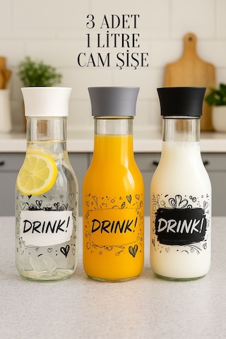 Rotanev 3 Adet Desenli Detoks Özellikli Cam Sürahi & Karaf Su Meşrubat Şişesi