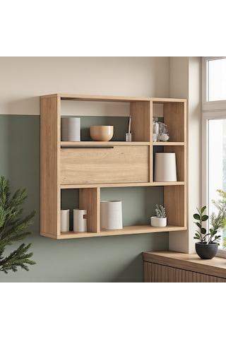 Robin Home Mutfak Salon Duvar Rafı Kitaplık 90cm Kapaklı Sepet Kahverengi