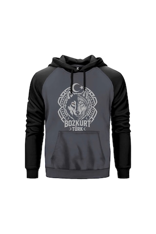 Bozkurt Türk Ay Yıldız Motifli Kurt Başı Baskılı Kırmızı Renk Reglan Kol Sweatshirt Kapşonlu