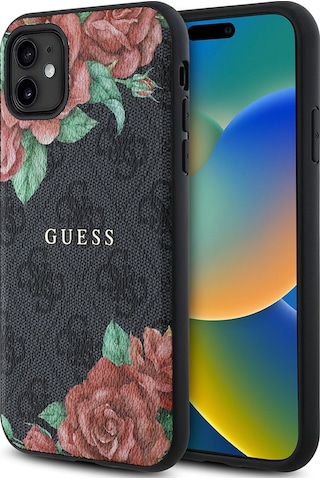 Apple Uyumlu iPhone 11 Kılıf Guess Lisanslı Magsafe Gül Baskılı 4g Desenli Yazı Logolu Kapak Siyah