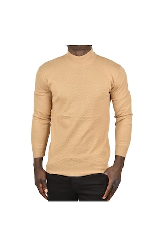 Deepsea Erkek Camel Zigzag Desenli Yarım Balıkçı Yaka Dar Kesim Boğazlı Triko Kazak 2505496 Camel