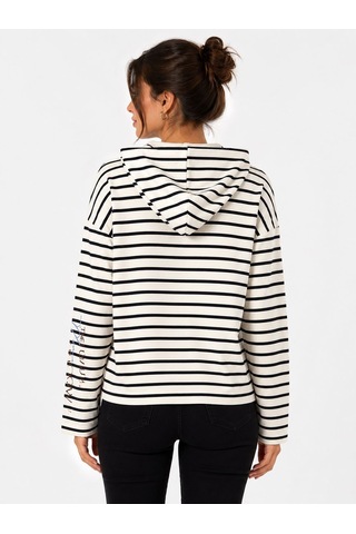 Neden Tekstil Kadın Çizgili Kapüşonlu Uzun Kollu Sweatshirt - Beyaz