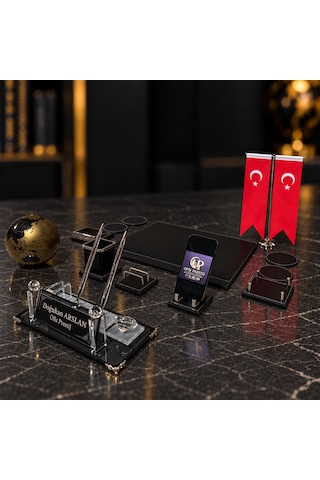 Ofis Prestij 13 Parça Gold Dünya Küreli Kristal Kişiye Özel İsimlik Ve Sümen Seti Siyah